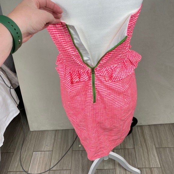 Lilly Pulitzer - Hot Pink Gingham Strapless Bodycon Dress w/ Ruffles Size 0 - Picture 8 of 14